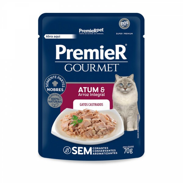 PREMIER SACHE GOURMET GATOS CASTRADOS ATUM E ARROZ INTEGRAL 70G