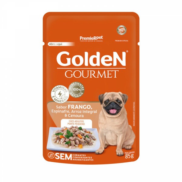 GOLDEN GOURMET CÃES PORTE PEQUENO FRANGO ESPINAFRE ARROZ INTEGRAL E CENOURA 85g