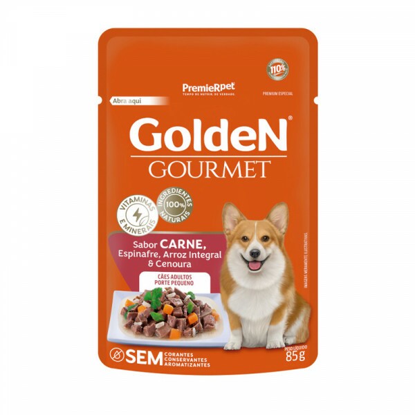 GOLDEN GOURMET CÃES PORTE PEQUENO CARNE ESPINAFRE ARROZ INTEGRAL E CENOURA 85G